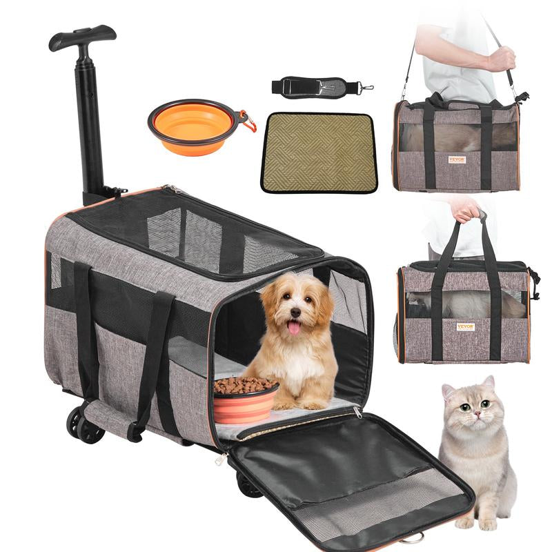 VEVOR Airline Approved Cat Carrier with Wheels - The Ultimate Rolling Pet Travel Solution with Telescopic Handle and Shoulder Strap, Includes a Convenient Folding Bowl