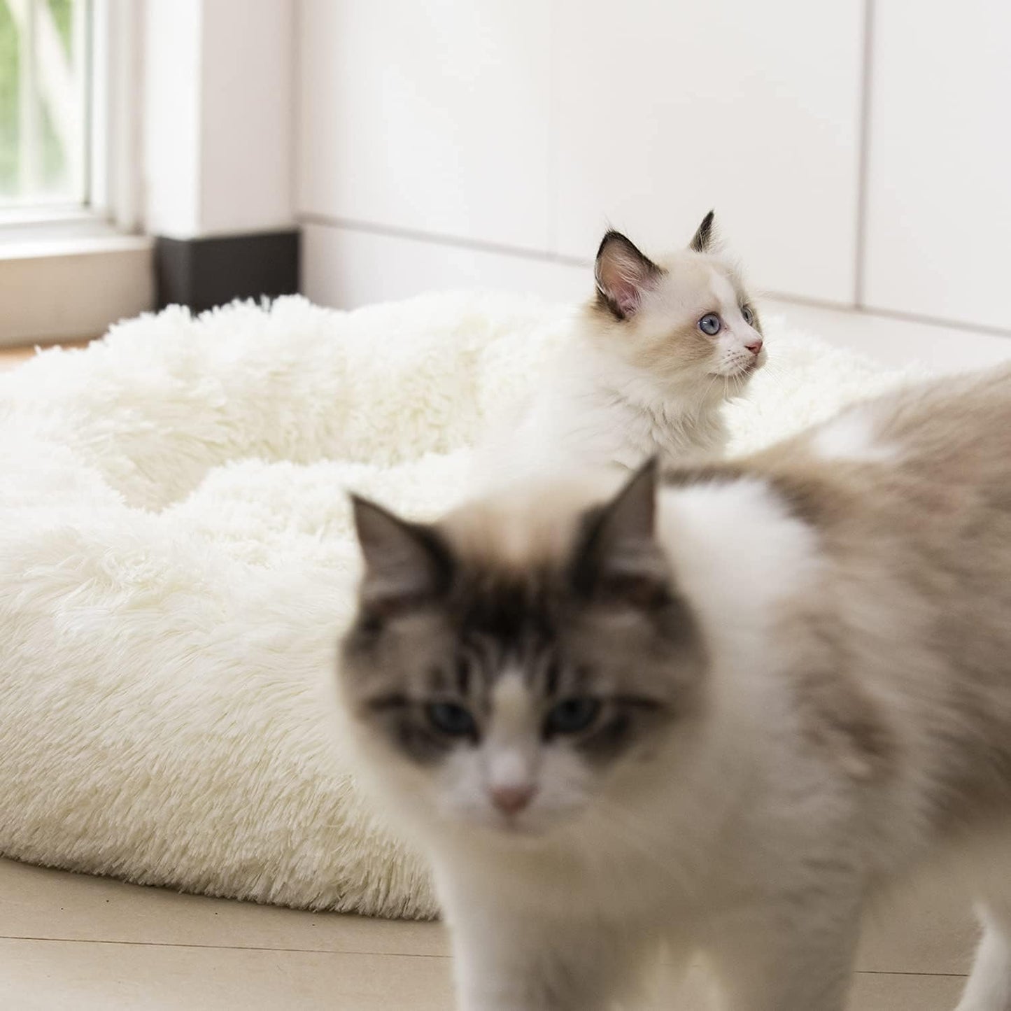 Cozy Anti-Anxiety Round Plush Faux Fur Dog and Cat Bed - Washable, Supportive, and Perfect for Small to Medium Pets (27", White)