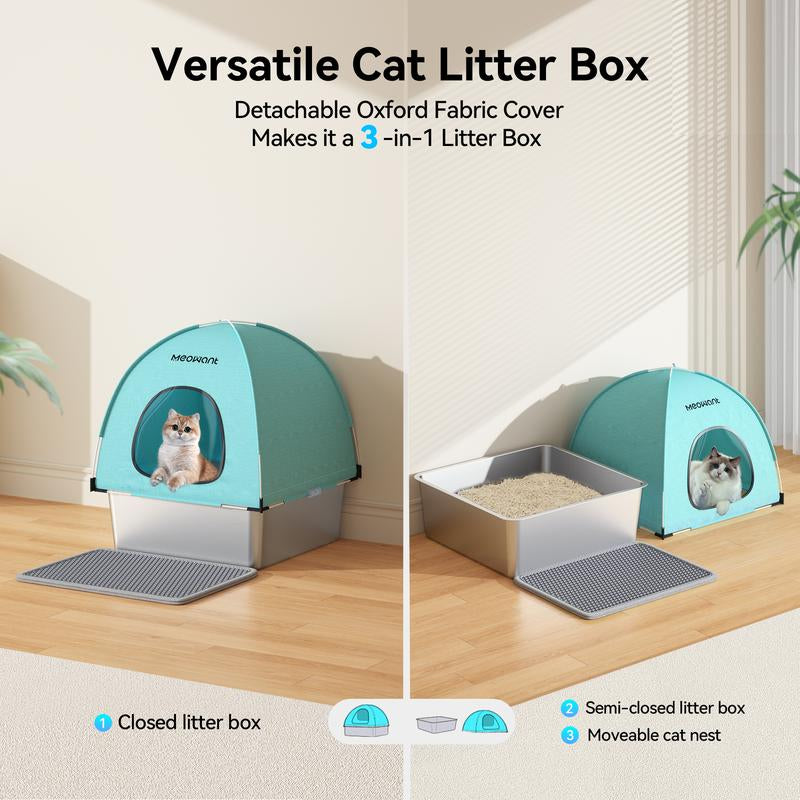 Transform Your Cat's Experience with the Meowant LB05 Premium 3-In-1 Stainless Steel Litter Box - Large Eco-Friendly Design Featuring Splash-Proof Odor Control and a Cozy Detachable Cover!