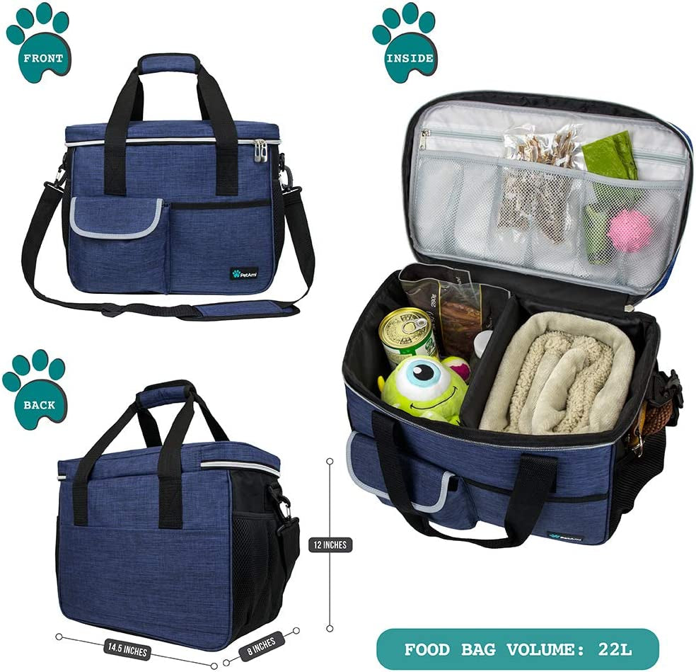 Ultimate Dog Travel Bag Organizer with Food Container and Bowls - Perfect Pet Supplies for Hiking, Camping, and Travel Adventures (Navy, Medium)