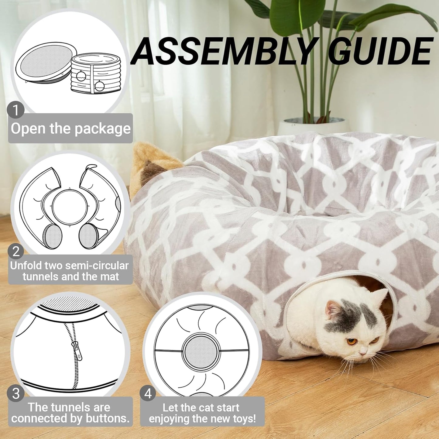 Ultimate Cozy Cat Tunnel Bed with Plush Cover - Stylish Gray Geometric Design, Fluffy Toy Balls & Small Cushion for Cats & Small Dogs, 10" Diameter, 3 Ft Length