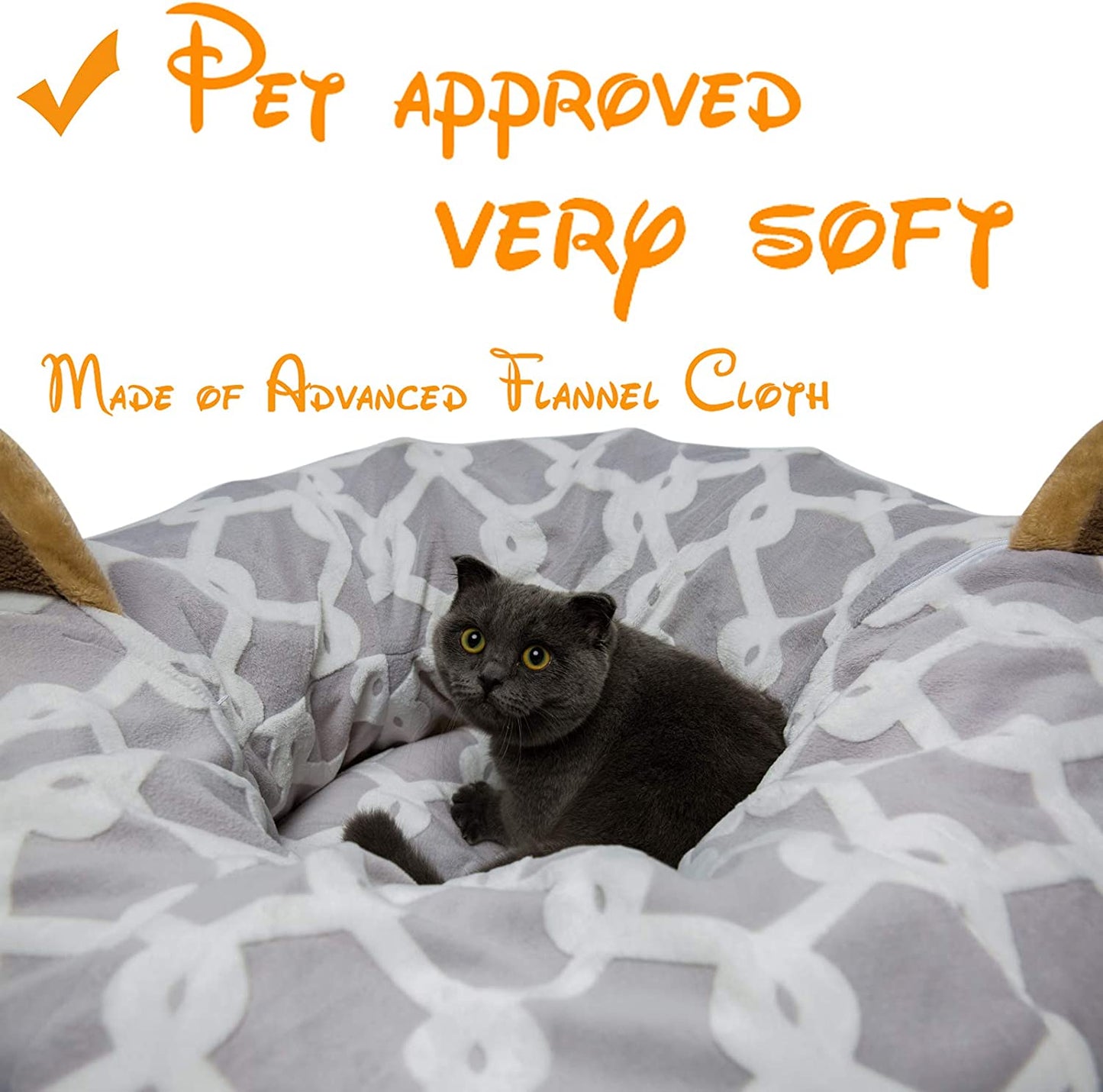 Ultimate Cozy Cat Tunnel Bed with Plush Cover - Stylish Gray Geometric Design, Fluffy Toy Balls & Small Cushion for Cats & Small Dogs, 10" Diameter, 3 Ft Length