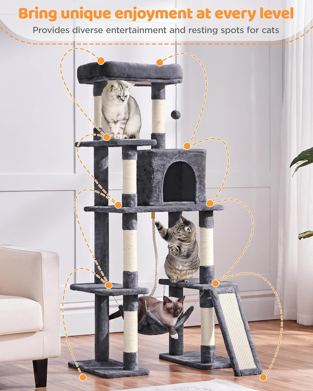Delight Your Feline Friend with Our Spacious 63-Inch Multi-Level Cat Tree Featuring Sisal-Covered Scratching Posts, Cozy Condo, Hammock, and Interactive Dangling Ball for Ultimate Playtime and Relaxation