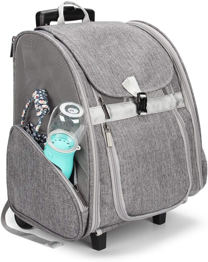 Stylish Pet Rolling Carrier - Versatile Dog & Cat Backpack Trolley with Wheels (Grey)
