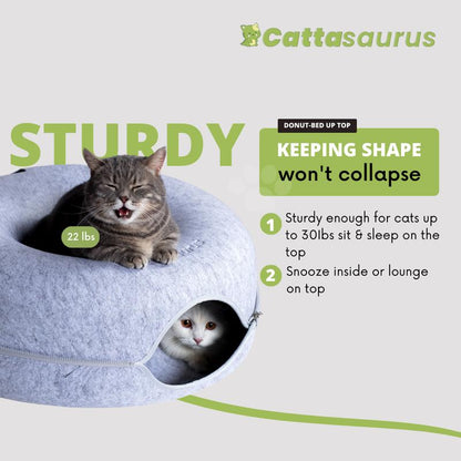CATTASAURUS Peekaboo Cat Cave: The Ultimate Cozy Retreat for Large Cats with Scratch-Resistant Tunnel and Washable Comfort