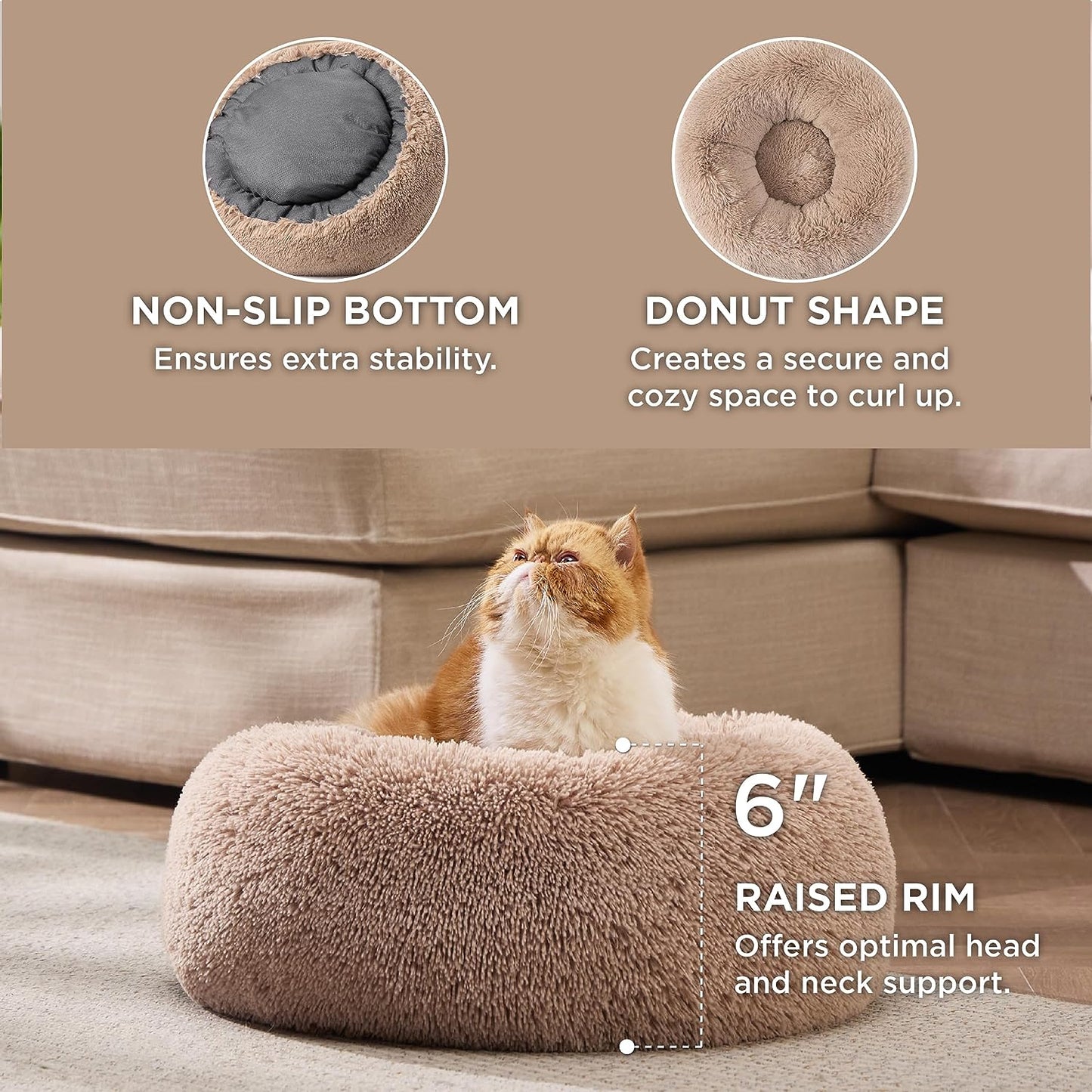 Indulge Your Cat with Our Luxurious Camel Calming Bed - Plush 20-Inch Faux Fur Round Bed for Cats Up to 15 lbs - Machine Washable & Non-Slip Design!