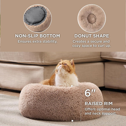 Indulge Your Cat with Our Luxurious Camel Calming Bed - Plush 20-Inch Faux Fur Round Bed for Cats Up to 15 lbs - Machine Washable & Non-Slip Design!