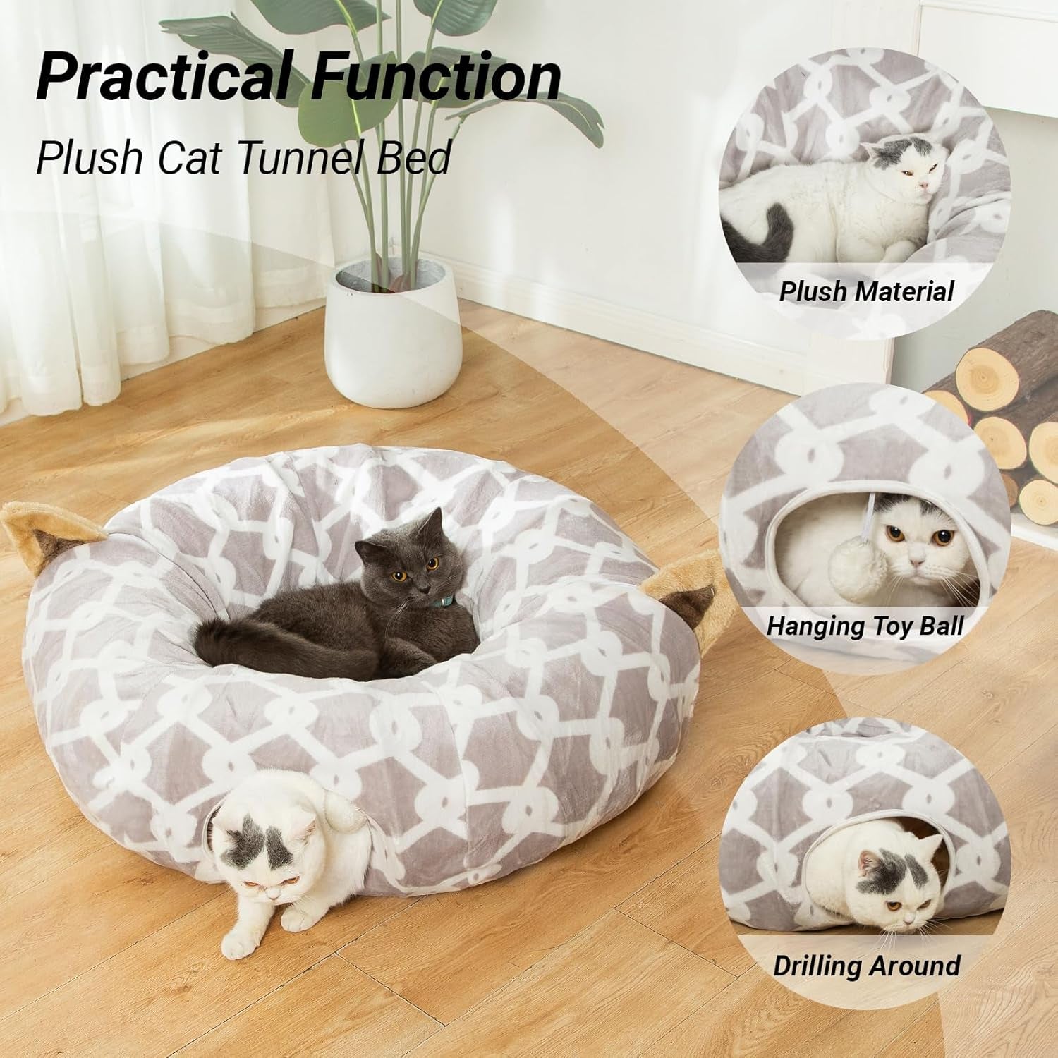 Ultimate Cozy Cat Tunnel Bed with Plush Cover - Stylish Gray Geometric Design, Fluffy Toy Balls & Small Cushion for Cats & Small Dogs, 10" Diameter, 3 Ft Length