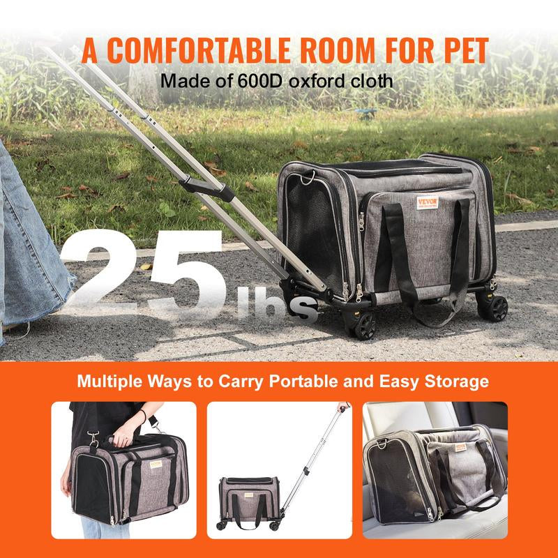 VEVOR Airline Approved Cat Carrier with Wheels - The Ultimate Rolling Pet Travel Solution with Telescopic Handle and Shoulder Strap, Includes a Convenient Folding Bowl