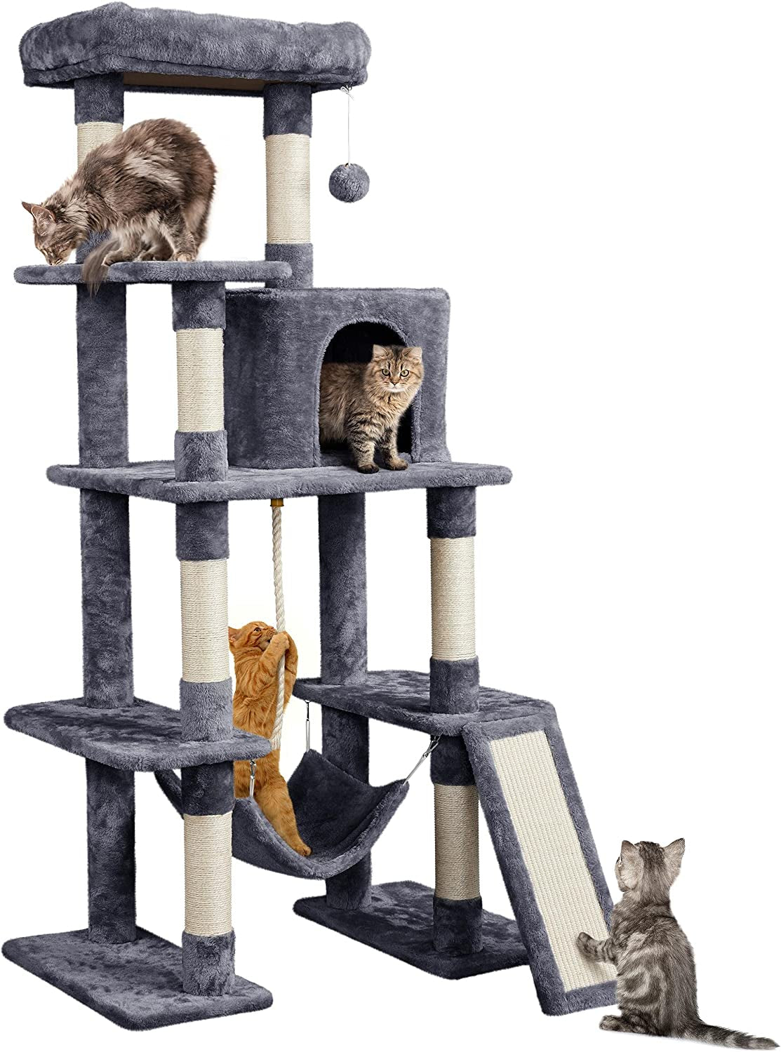 Delight Your Feline Friend with Our Spacious 63-Inch Multi-Level Cat Tree Featuring Sisal-Covered Scratching Posts, Cozy Condo, Hammock, and Interactive Dangling Ball for Ultimate Playtime and Relaxation