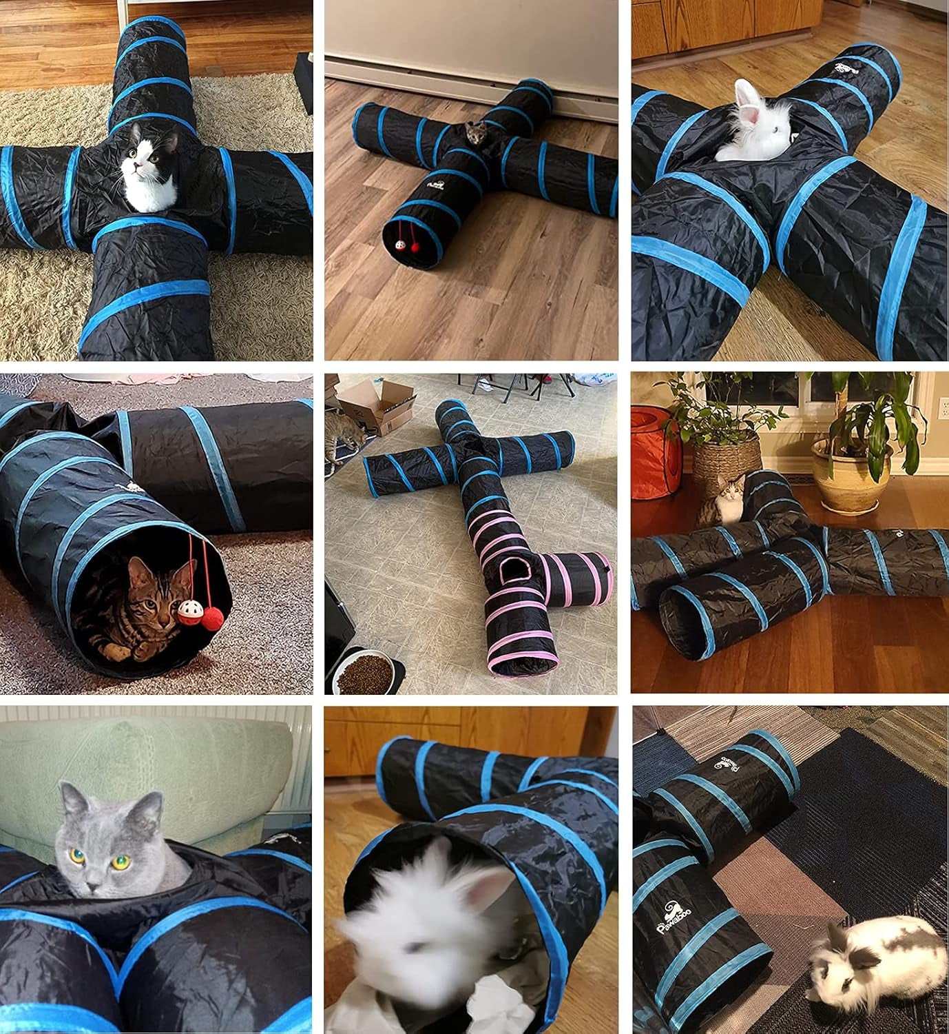 Exciting 4-Way Cat Tunnel - Interactive Play Maze with Bells and Pompons for Cats, Kittens, and Small Pets - Durable, Collapsible, and Portable Design in Black & Light Blue