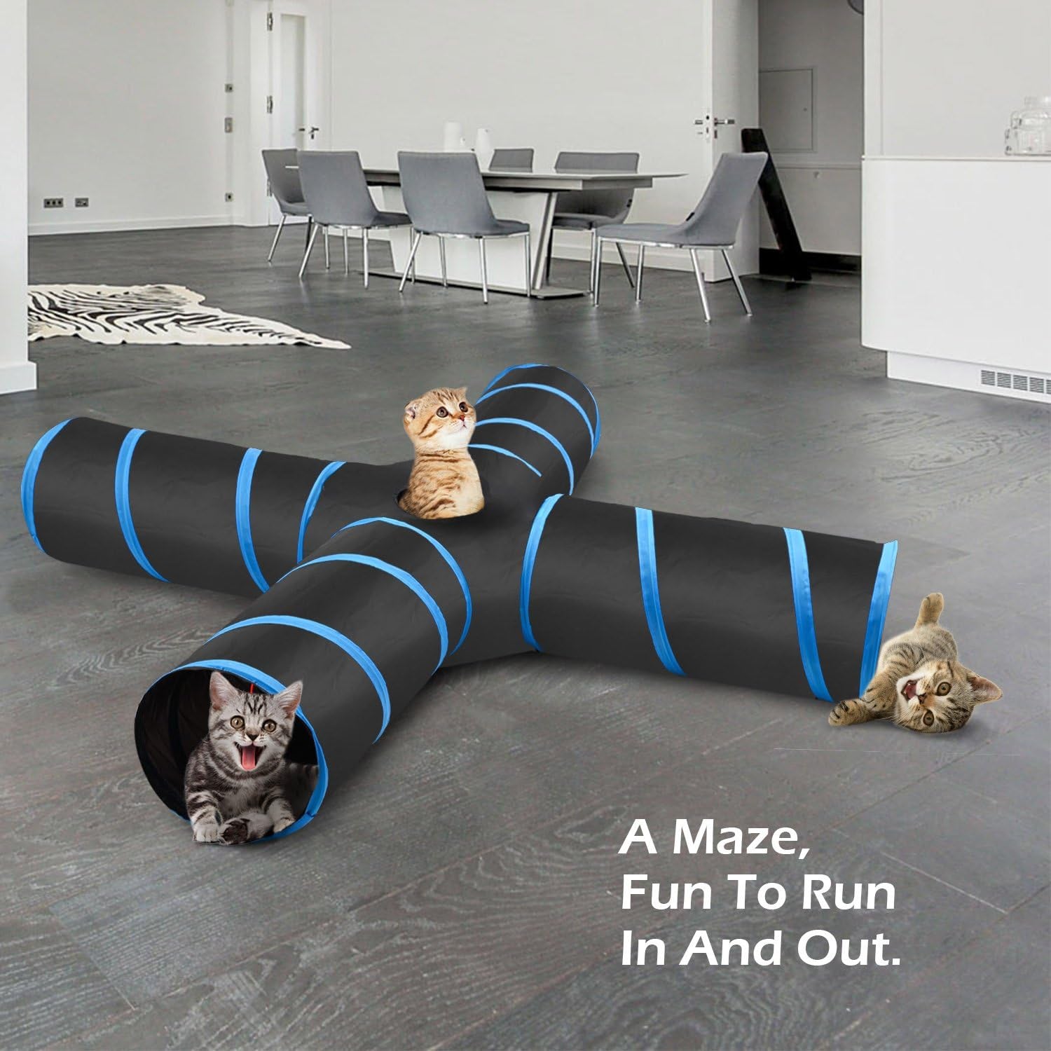 Exciting 4-Way Cat Tunnel - Interactive Play Maze with Bells and Pompons for Cats, Kittens, and Small Pets - Durable, Collapsible, and Portable Design in Black & Light Blue