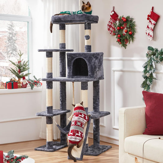 Delight Your Feline Friend with Our Spacious 63-Inch Multi-Level Cat Tree Featuring Sisal-Covered Scratching Posts, Cozy Condo, Hammock, and Interactive Dangling Ball for Ultimate Playtime and Relaxation