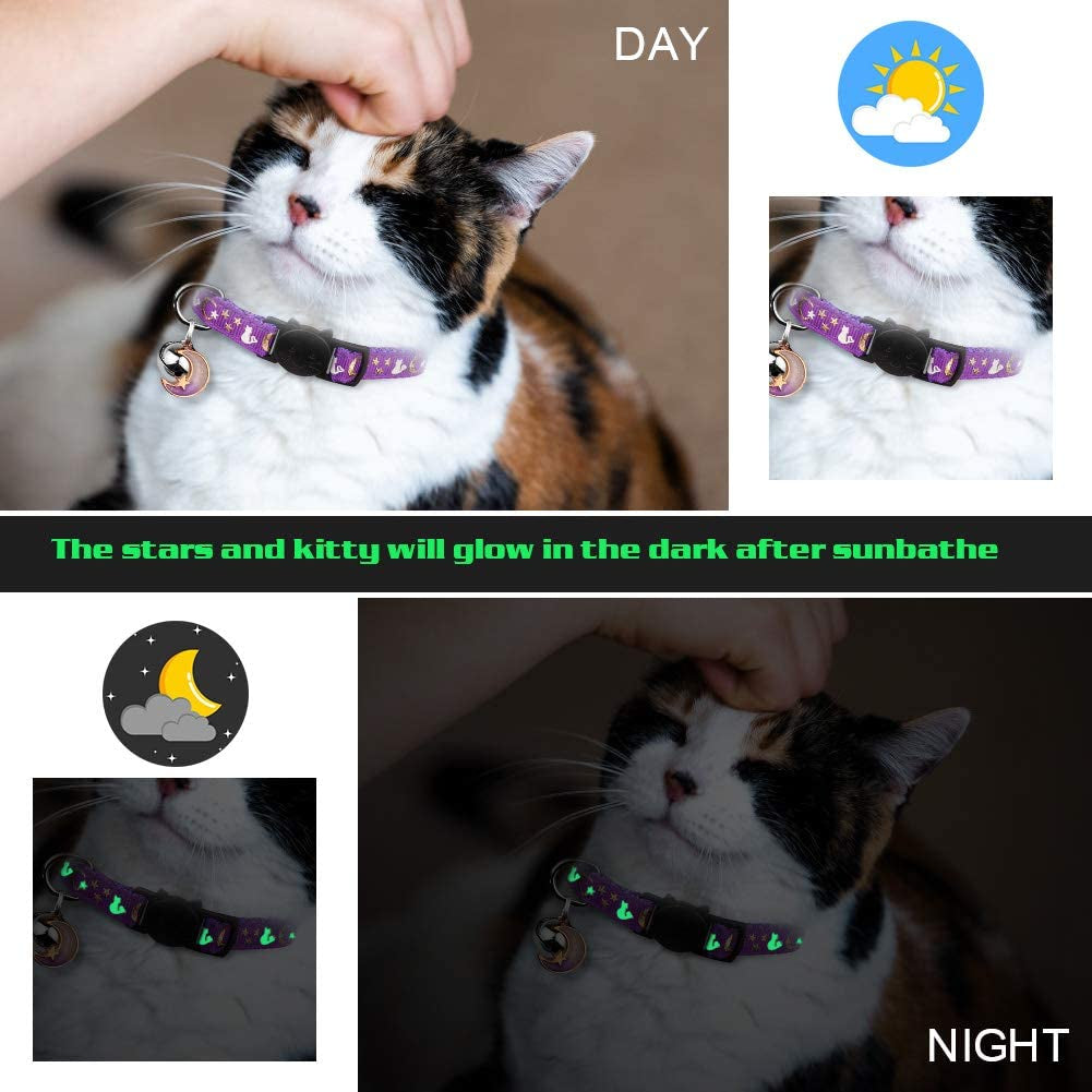 Adorable 2PCS Glow in the Dark Cat Collars with Moon & Star Pendant - Adjustable & Safe for Kittens (Black & Purple)