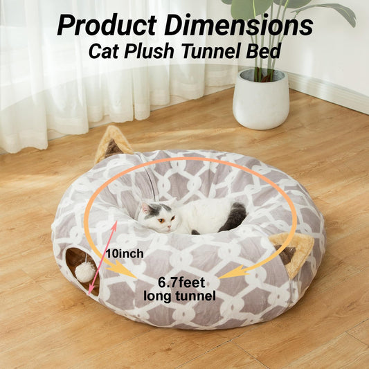 Ultimate Cozy Cat Tunnel Bed with Plush Cover - Stylish Gray Geometric Design, Fluffy Toy Balls & Small Cushion for Cats & Small Dogs, 10" Diameter, 3 Ft Length
