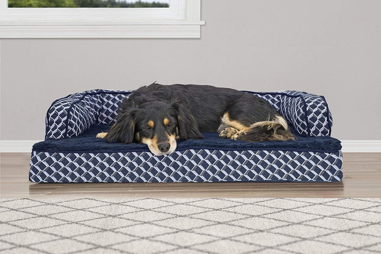 Luxurious Orthopedic Dog Bed with Removable Bolsters & Washable Cover - Perfect for Medium Dogs Up to 35 lbs - Cozy Diamond Blue Sofa Design