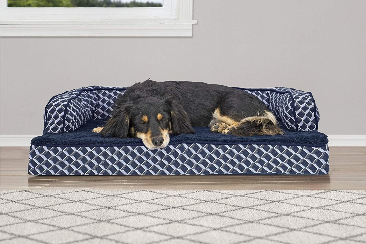 Luxurious Orthopedic Dog Bed with Removable Bolsters & Washable Cover - Perfect for Medium Dogs Up to 35 lbs - Cozy Diamond Blue Sofa Design