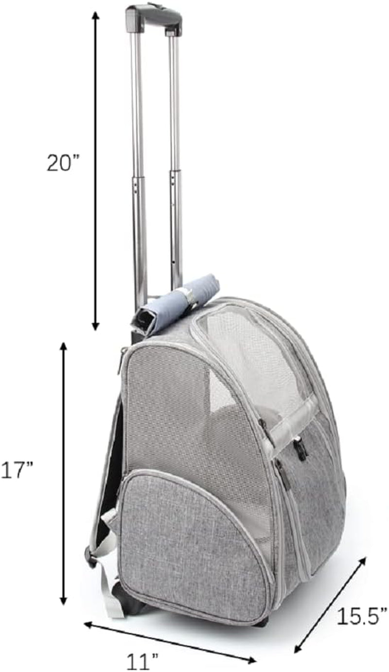 Stylish Pet Rolling Carrier - Versatile Dog & Cat Backpack Trolley with Wheels (Grey)