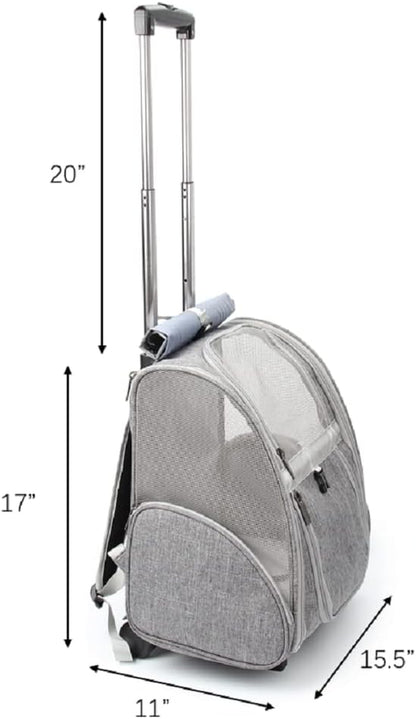 Stylish Pet Rolling Carrier - Versatile Dog & Cat Backpack Trolley with Wheels (Grey)