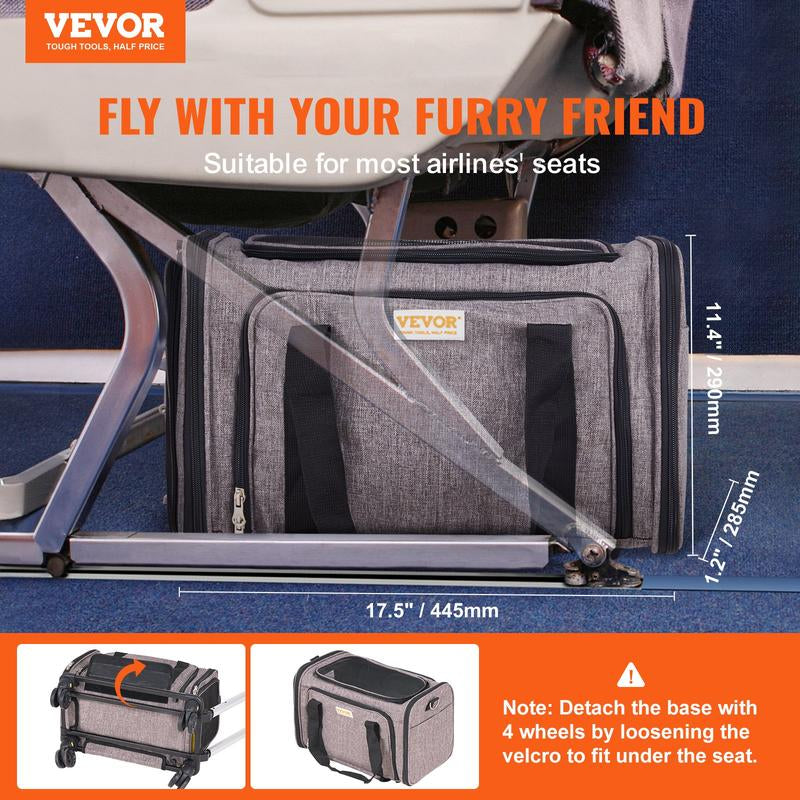 VEVOR Airline Approved Cat Carrier with Wheels - The Ultimate Rolling Pet Travel Solution with Telescopic Handle and Shoulder Strap, Includes a Convenient Folding Bowl
