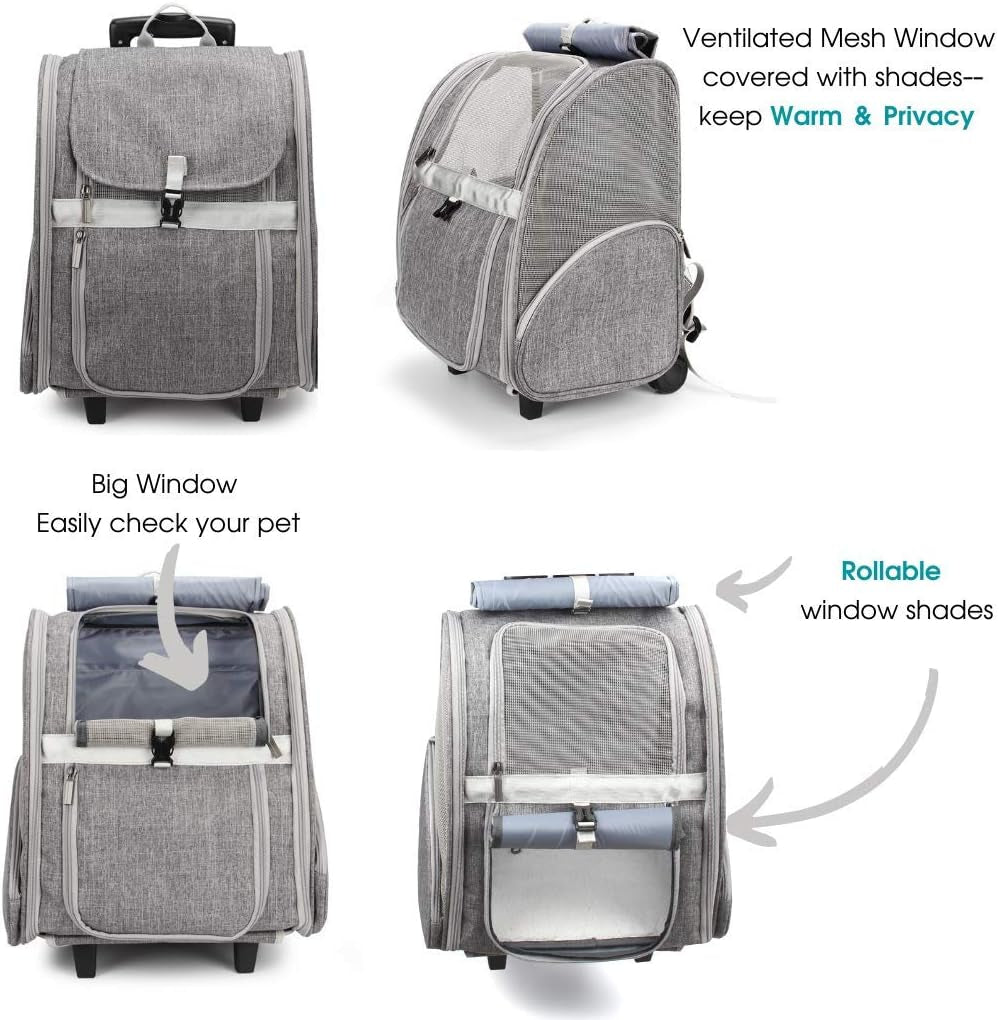 Stylish Pet Rolling Carrier - Versatile Dog & Cat Backpack Trolley with Wheels (Grey)