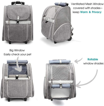 Stylish Pet Rolling Carrier - Versatile Dog & Cat Backpack Trolley with Wheels (Grey)