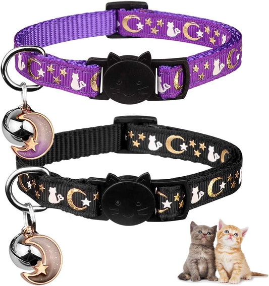 Adorable 2PCS Glow in the Dark Cat Collars with Moon & Star Pendant - Adjustable & Safe for Kittens (Black & Purple)