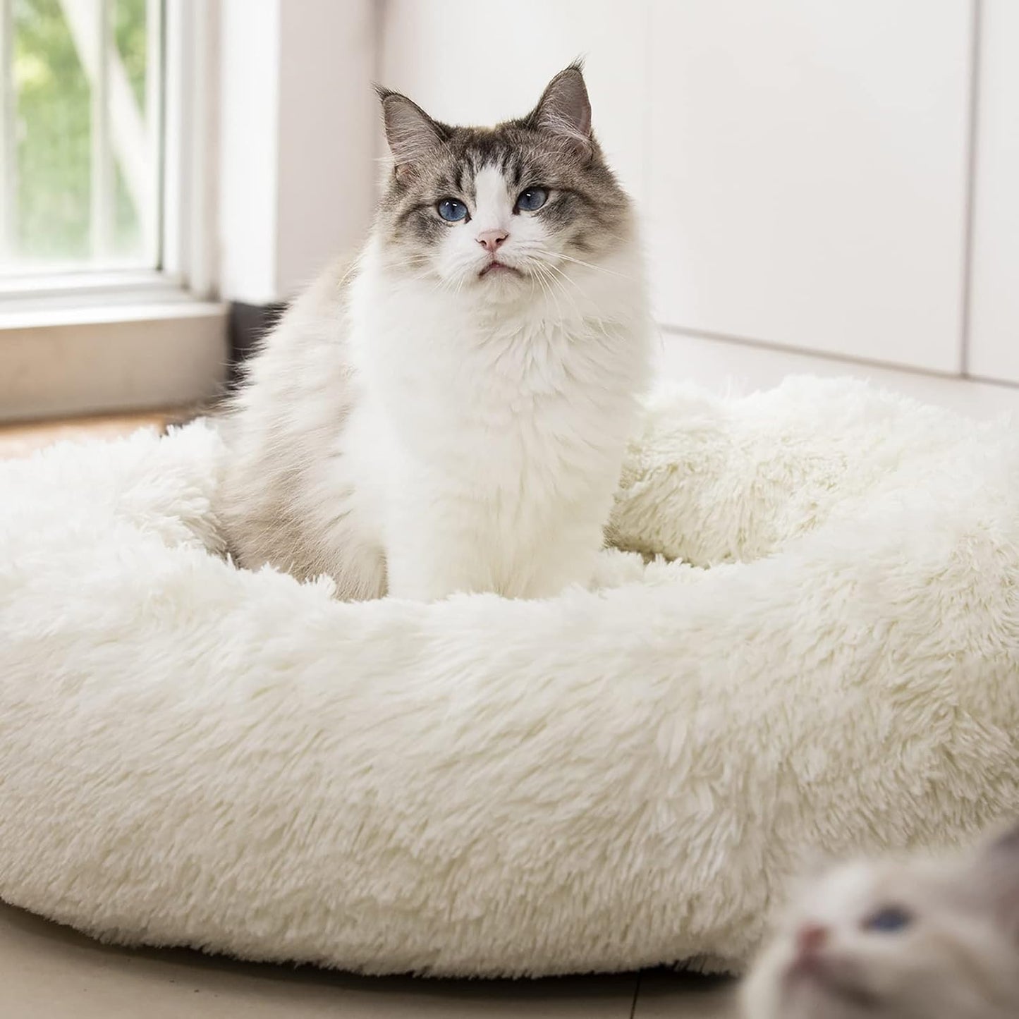 Cozy Anti-Anxiety Round Plush Faux Fur Dog and Cat Bed - Washable, Supportive, and Perfect for Small to Medium Pets (27", White)