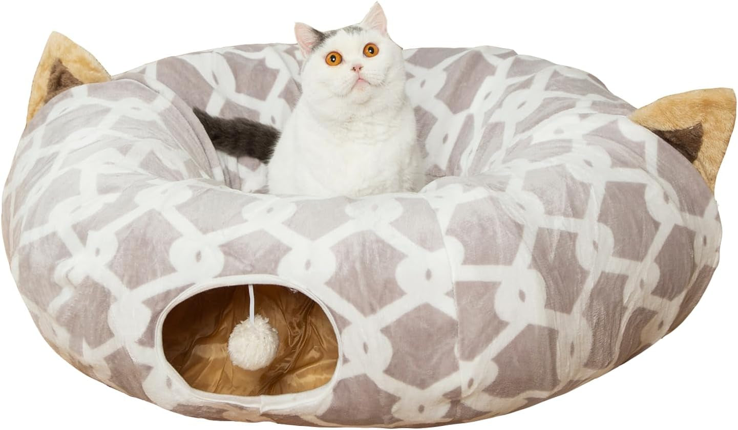 Ultimate Cozy Cat Tunnel Bed with Plush Cover - Stylish Gray Geometric Design, Fluffy Toy Balls & Small Cushion for Cats & Small Dogs, 10" Diameter, 3 Ft Length