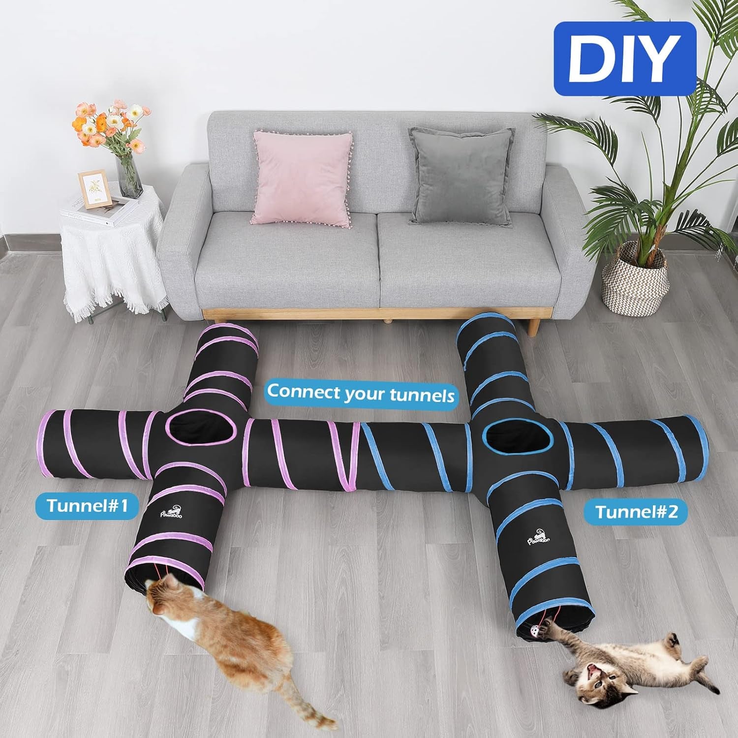 Exciting 4-Way Cat Tunnel - Interactive Play Maze with Bells and Pompons for Cats, Kittens, and Small Pets - Durable, Collapsible, and Portable Design in Black & Light Blue
