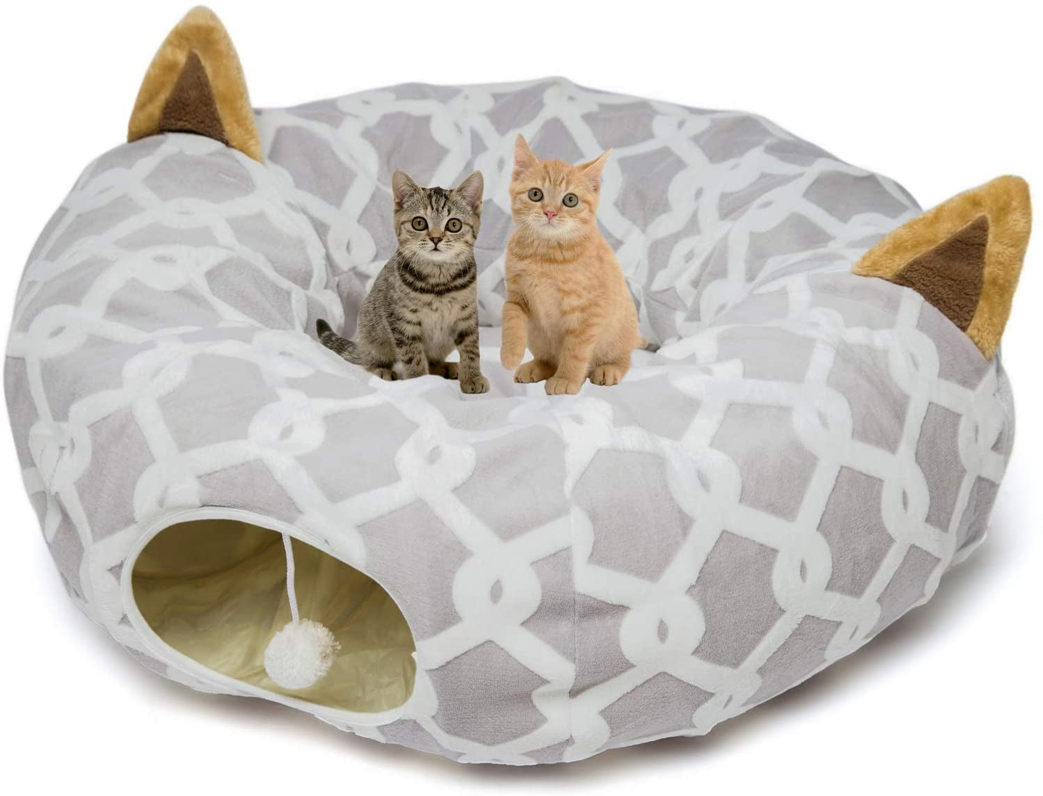 Ultimate Cozy Cat Tunnel Bed with Plush Cover - Stylish Gray Geometric Design, Fluffy Toy Balls & Small Cushion for Cats & Small Dogs, 10" Diameter, 3 Ft Length