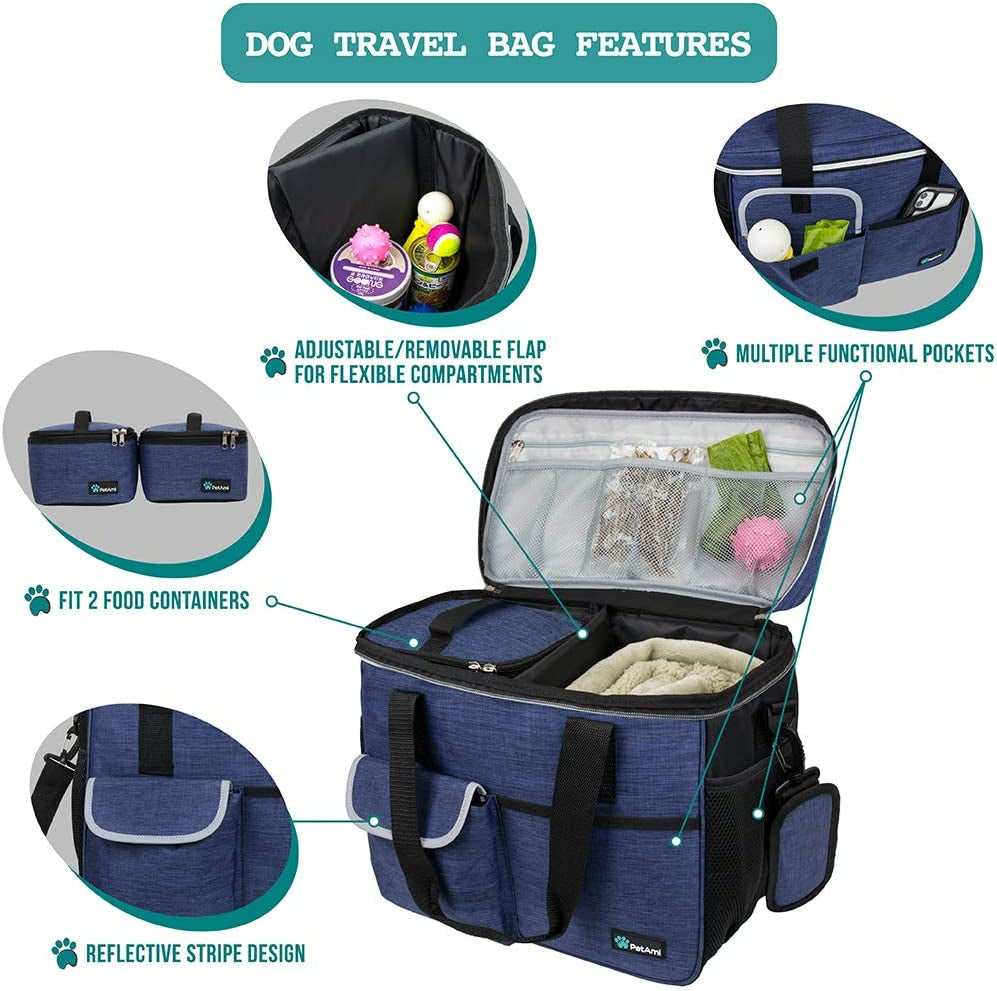Ultimate Dog Travel Bag Organizer with Food Container and Bowls - Perfect Pet Supplies for Hiking, Camping, and Travel Adventures (Navy, Medium)