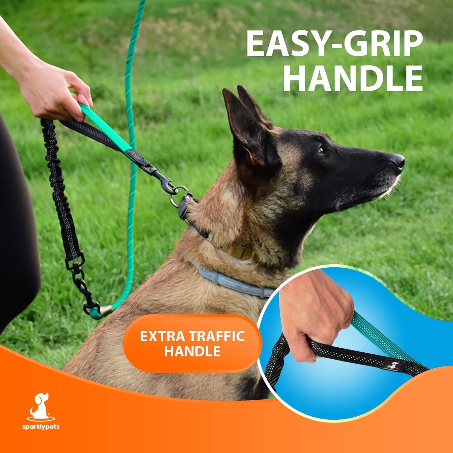 Premium Teal Heavy Duty Rope Bungee Leash for Large and Medium Dogs - Shock Absorbing Anti-Pull Design with No Slip Reflective Lead, 5.5 Ft