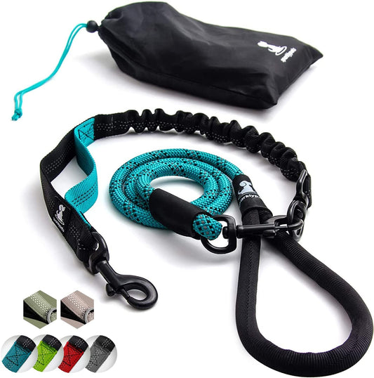 Premium Teal Heavy Duty Rope Bungee Leash for Large and Medium Dogs - Shock Absorbing Anti-Pull Design with No Slip Reflective Lead, 5.5 Ft