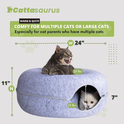 CATTASAURUS Peekaboo Cat Cave: The Ultimate Cozy Retreat for Large Cats with Scratch-Resistant Tunnel and Washable Comfort