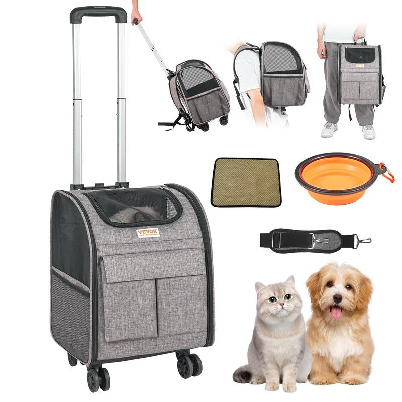 VEVOR Airline Approved Cat Carrier with Wheels - The Ultimate Rolling Pet Travel Solution with Telescopic Handle and Shoulder Strap, Includes a Convenient Folding Bowl