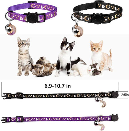 Adorable 2PCS Glow in the Dark Cat Collars with Moon & Star Pendant - Adjustable & Safe for Kittens (Black & Purple)