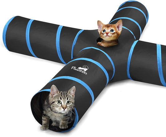 Exciting 4-Way Cat Tunnel - Interactive Play Maze with Bells and Pompons for Cats, Kittens, and Small Pets - Durable, Collapsible, and Portable Design in Black & Light Blue