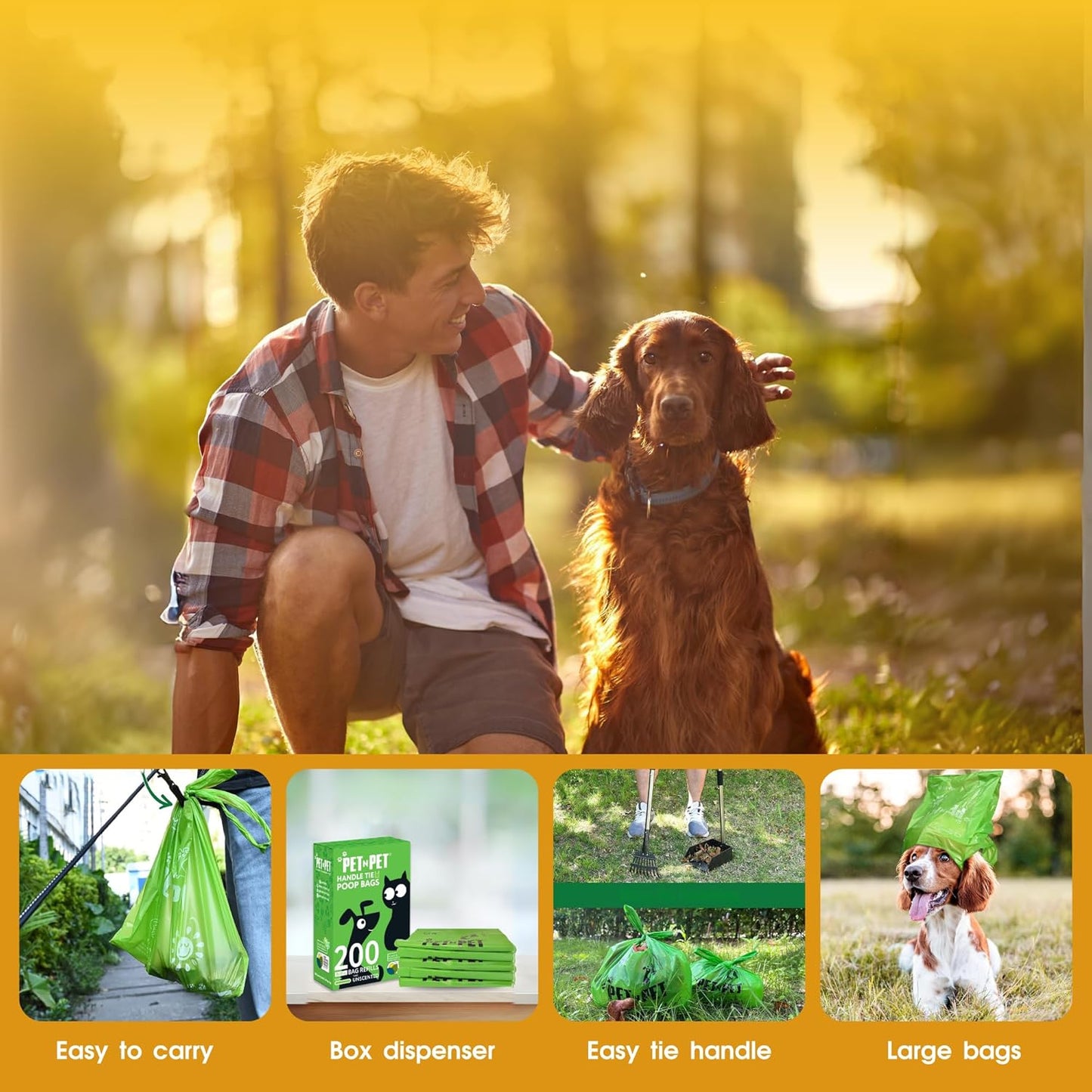 200 Eco-Friendly Unscented Dog Poop Bags with Convenient Tie Handles - Extra-Thick, Plant-Based Waste Bags for Effortless Clean-Up