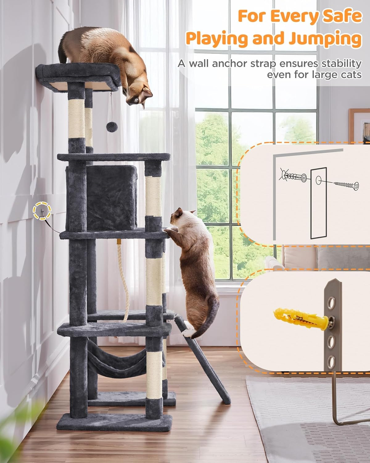 Delight Your Feline Friend with Our Spacious 63-Inch Multi-Level Cat Tree Featuring Sisal-Covered Scratching Posts, Cozy Condo, Hammock, and Interactive Dangling Ball for Ultimate Playtime and Relaxation