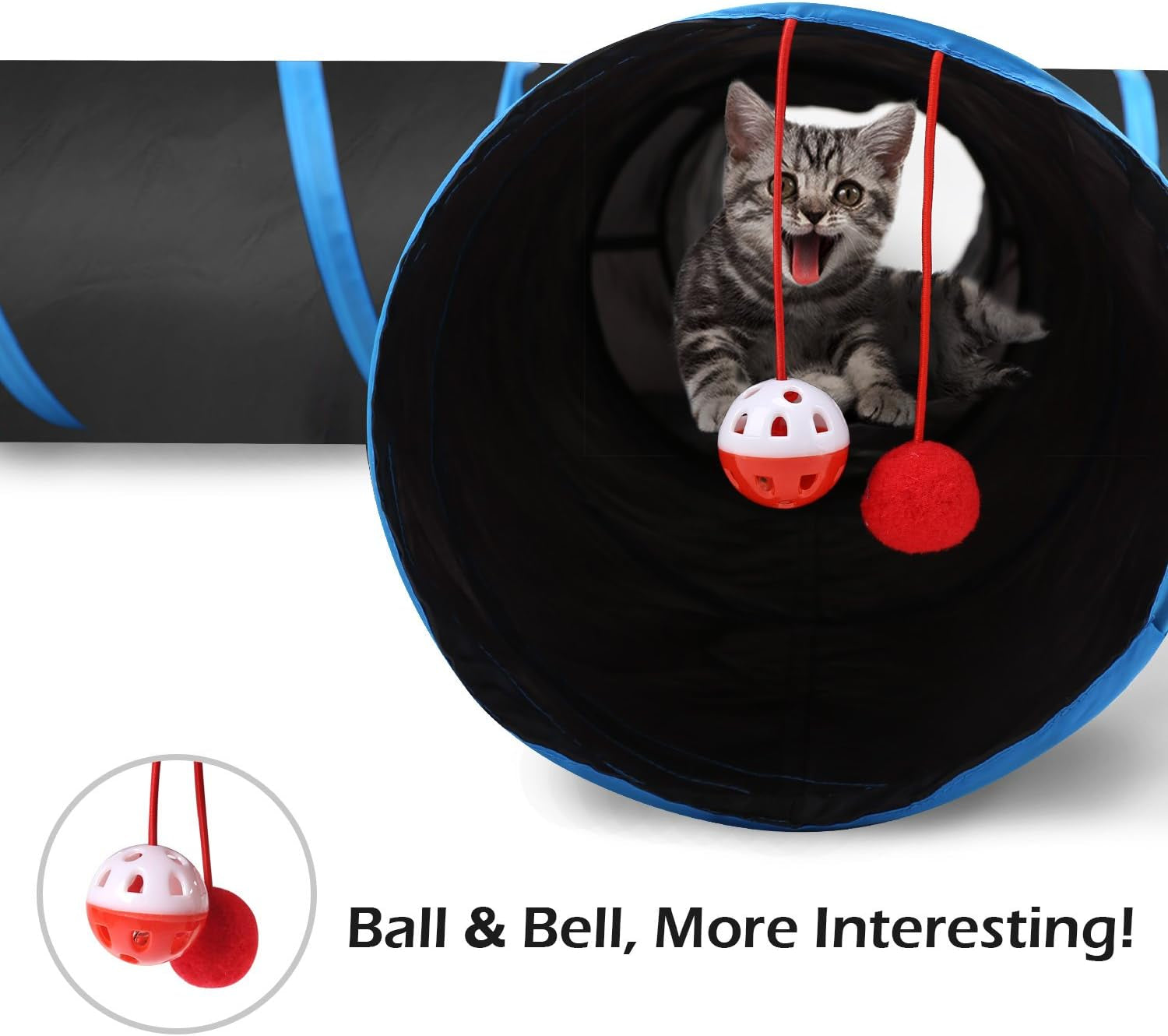 Exciting 4-Way Cat Tunnel - Interactive Play Maze with Bells and Pompons for Cats, Kittens, and Small Pets - Durable, Collapsible, and Portable Design in Black & Light Blue