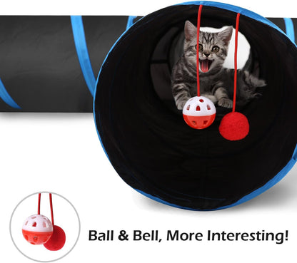 Exciting 4-Way Cat Tunnel - Interactive Play Maze with Bells and Pompons for Cats, Kittens, and Small Pets - Durable, Collapsible, and Portable Design in Black & Light Blue