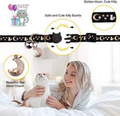 Adorable 2PCS Glow in the Dark Cat Collars with Moon & Star Pendant - Adjustable & Safe for Kittens (Black & Purple)