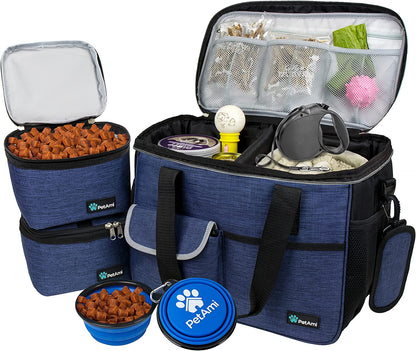 Ultimate Dog Travel Bag Organizer with Food Container and Bowls - Perfect Pet Supplies for Hiking, Camping, and Travel Adventures (Navy, Medium)