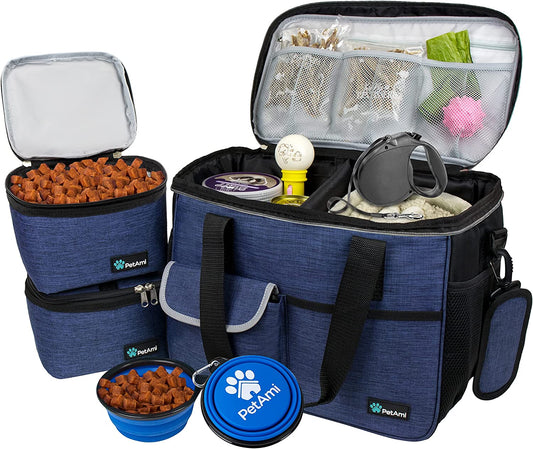 Ultimate Dog Travel Bag Organizer with Food Container and Bowls - Perfect Pet Supplies for Hiking, Camping, and Travel Adventures (Navy, Medium)