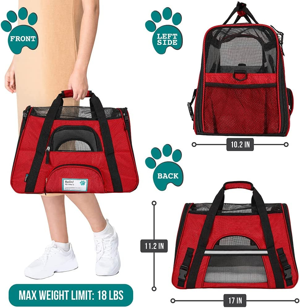 Airline Approved Soft Sided Pet Carrier for Cats & Small Dogs - Comfortable, Ventilated Travel Bag in Red for Kittens & Puppies