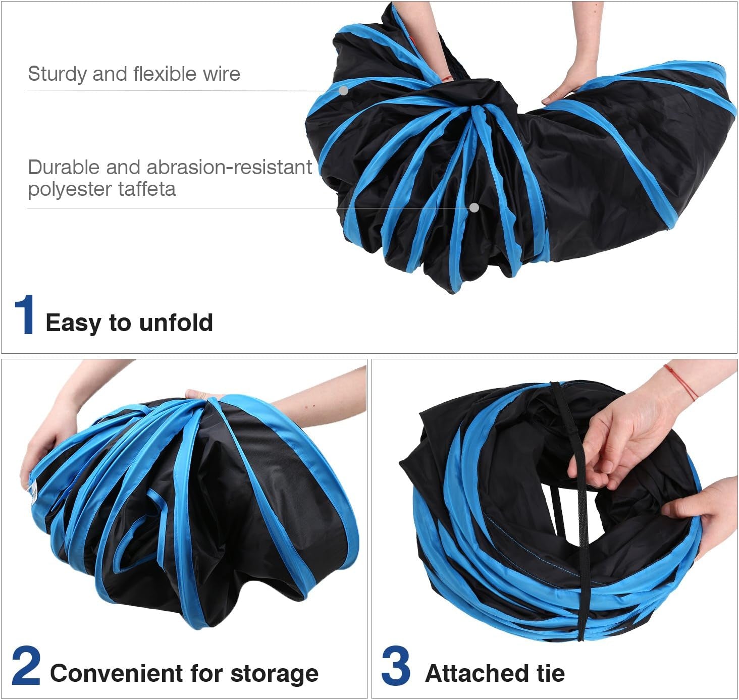 Exciting 4-Way Cat Tunnel - Interactive Play Maze with Bells and Pompons for Cats, Kittens, and Small Pets - Durable, Collapsible, and Portable Design in Black & Light Blue