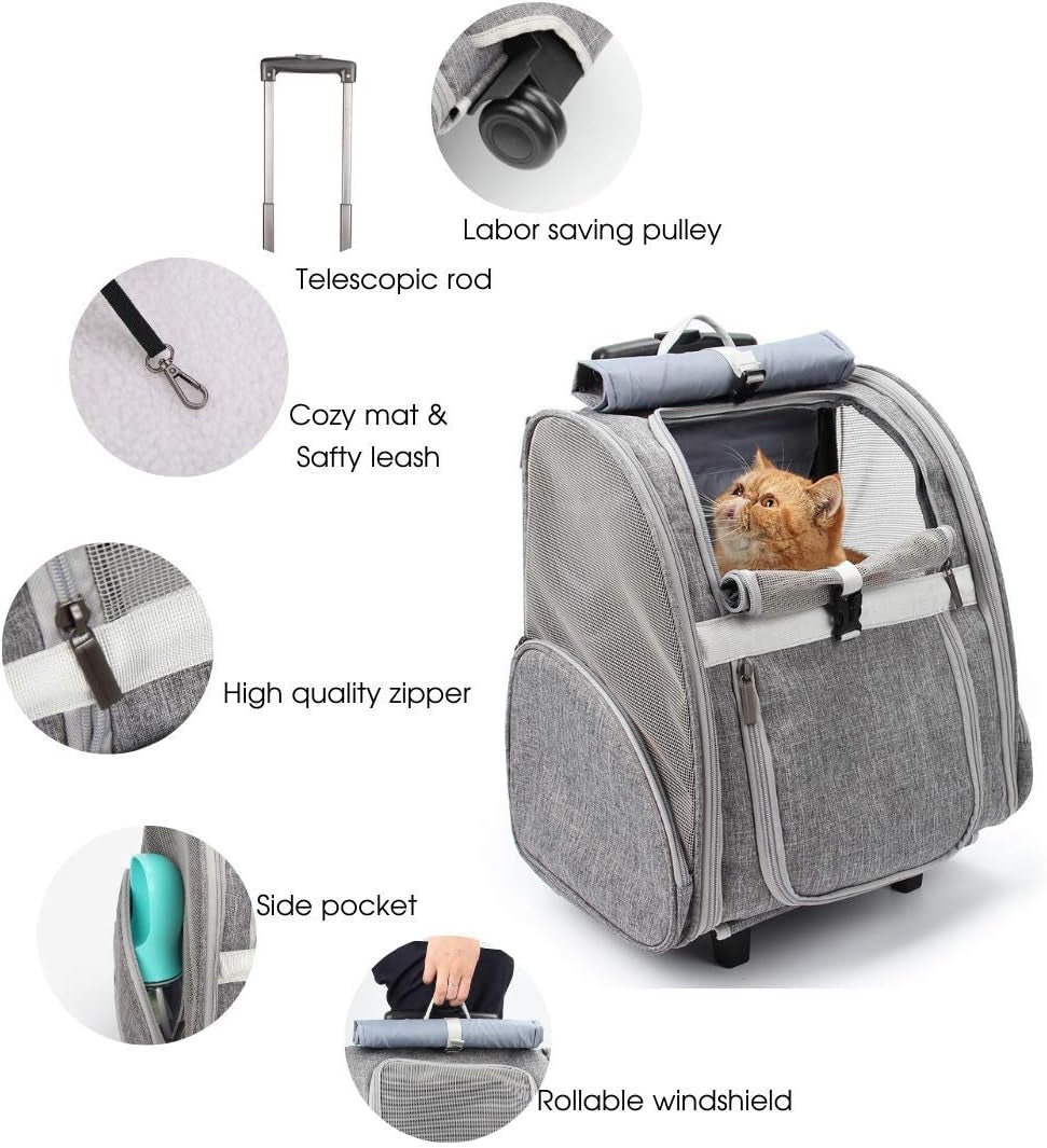 Stylish Pet Rolling Carrier - Versatile Dog & Cat Backpack Trolley with Wheels (Grey)