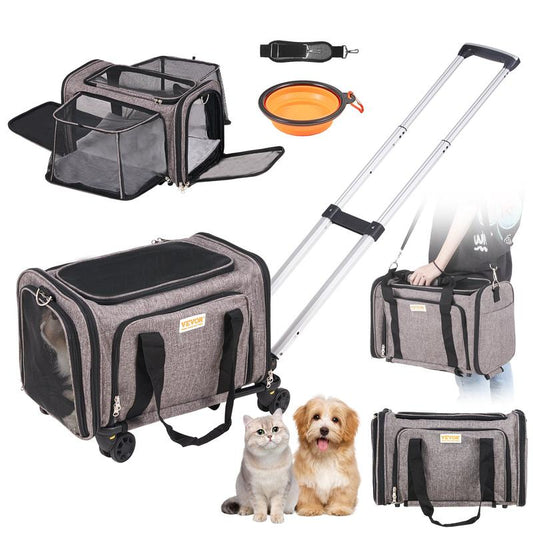 VEVOR Airline Approved Cat Carrier with Wheels - The Ultimate Rolling Pet Travel Solution with Telescopic Handle and Shoulder Strap, Includes a Convenient Folding Bowl