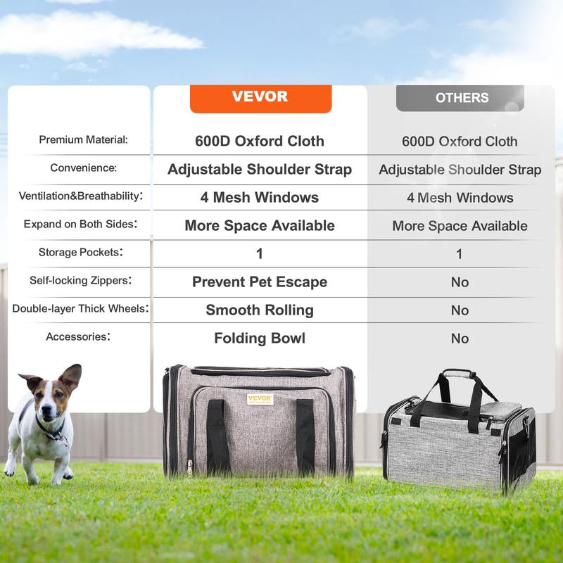 VEVOR Airline Approved Cat Carrier with Wheels - The Ultimate Rolling Pet Travel Solution with Telescopic Handle and Shoulder Strap, Includes a Convenient Folding Bowl
